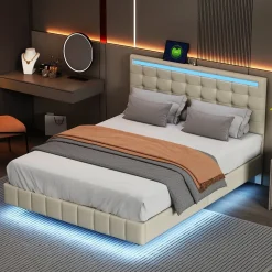 Lit 160 X 200 Cm Avec Éclairage LED Et Tête De Lit Réglable, Sommier à Lattes, Tissu En Lin, Beige