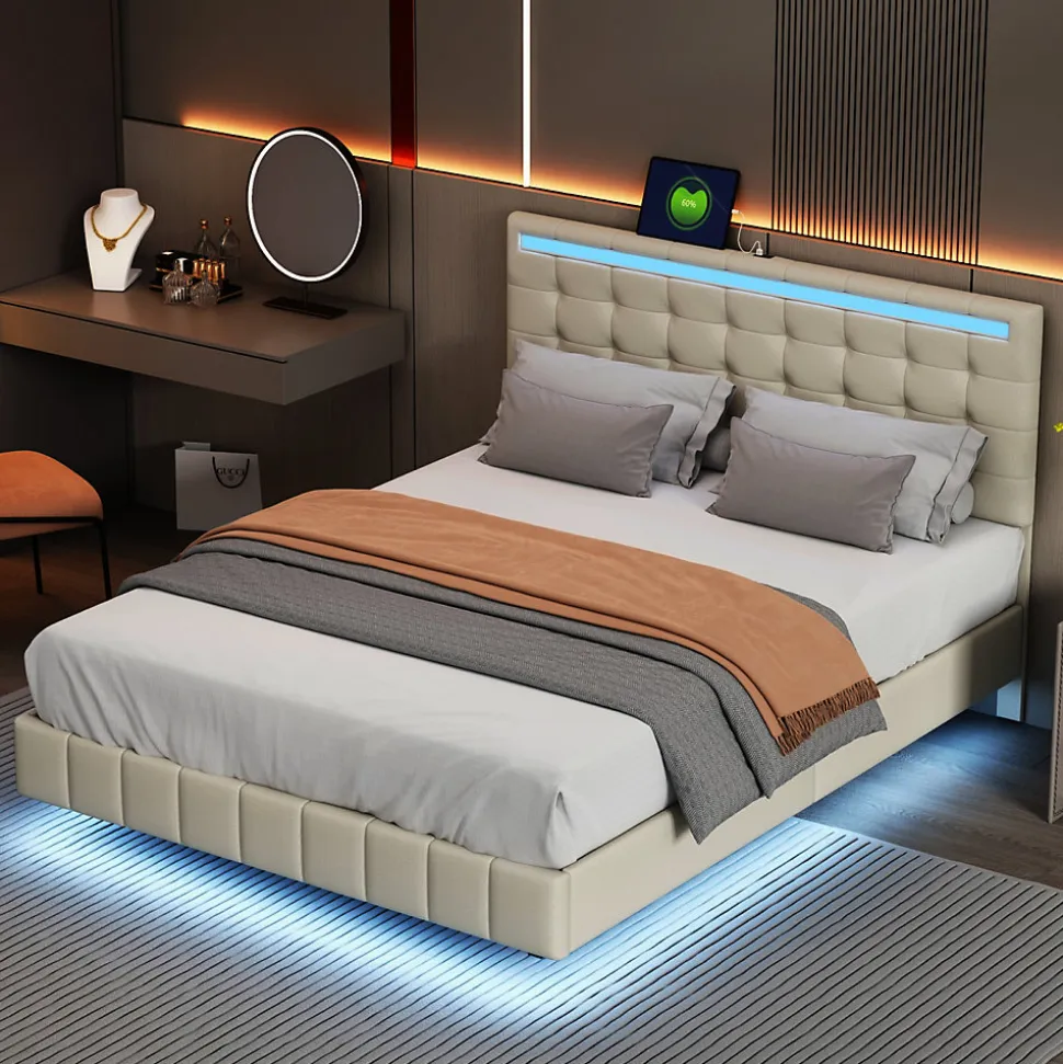 Lit 160 X 200 Cm Avec Éclairage LED Et Tête De Lit Réglable, Sommier à Lattes, Tissu En Lin, Beige