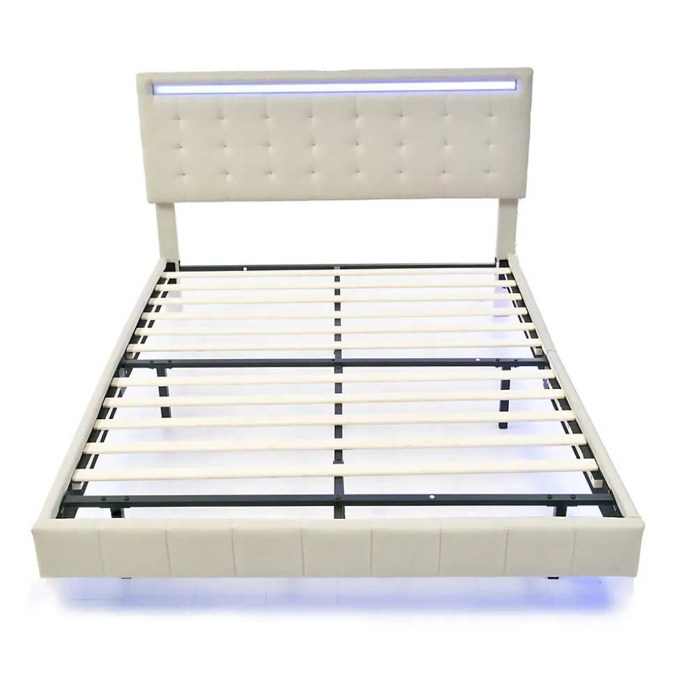 Lit 160 X 200 Cm Avec Éclairage LED Et Tête De Lit Réglable, Sommier à Lattes, Tissu En Lin, Beige