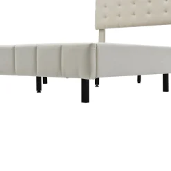 Lit 160 X 200 Cm Avec Éclairage LED Et Tête De Lit Réglable, Sommier à Lattes, Tissu En Lin, Beige