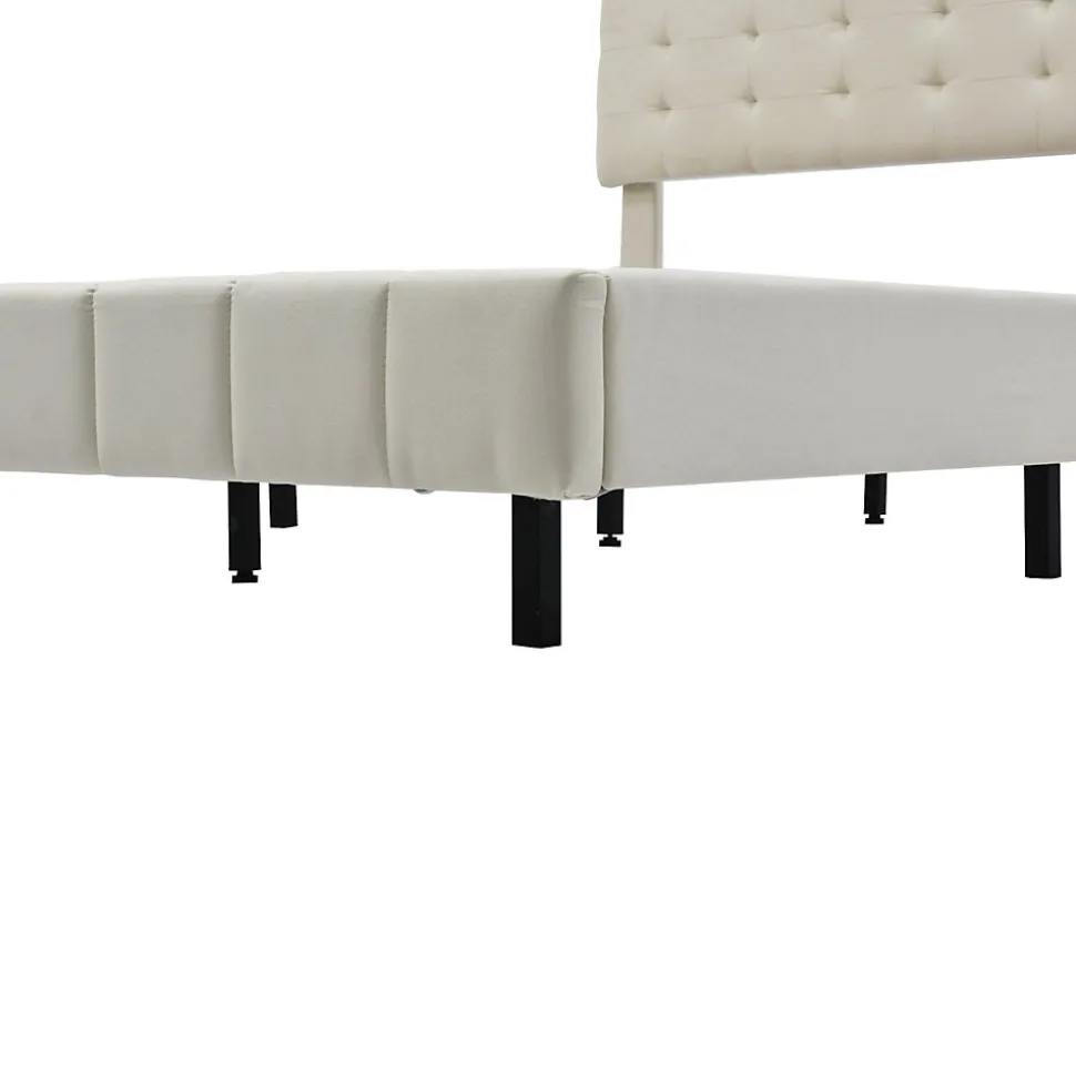 Lit 160 X 200 Cm Avec Éclairage LED Et Tête De Lit Réglable, Sommier à Lattes, Tissu En Lin, Beige