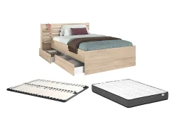 Lit 120 x 190 cm avec rangements - Coloris : Naturel + Sommier + Matelas - TENALIA