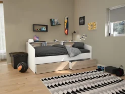 Lit 90 x 190/200 cm avec rangements - Blanc et naturel - PAULETTE