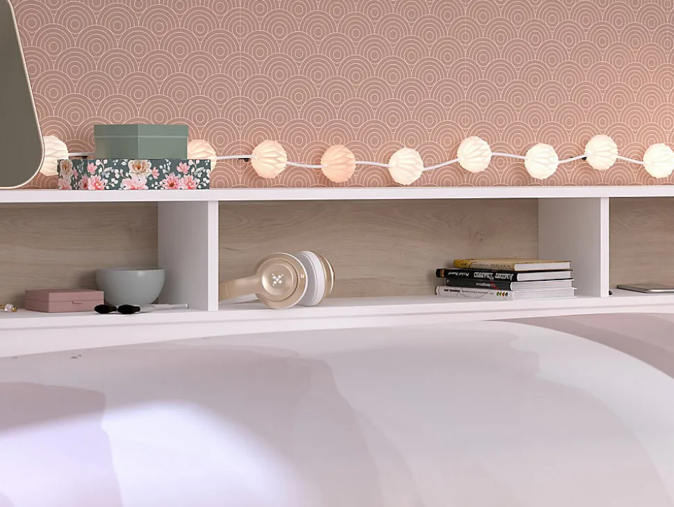 Lit 90 x 190/200 cm avec rangements - Blanc et naturel - PAULETTE