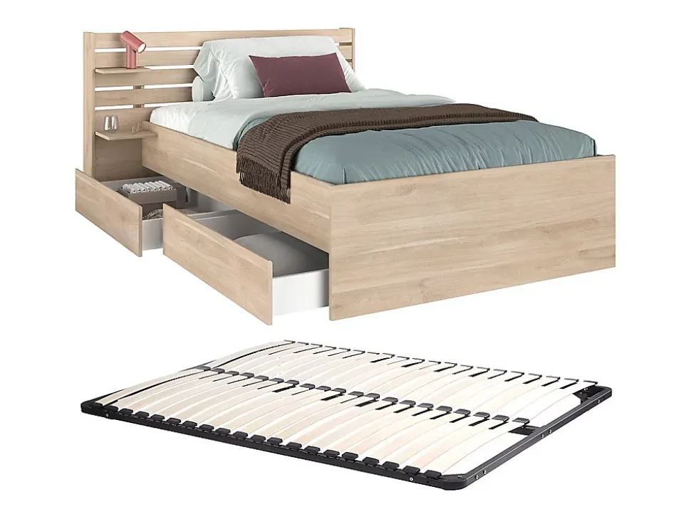 Lit 120 x 190 cm avec rangements - Coloris : Naturel + Sommier - TENALIA