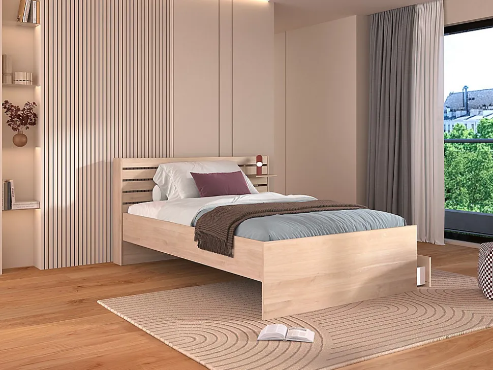 Lit 120 x 190 cm avec rangements - Coloris : Naturel + Sommier - TENALIA