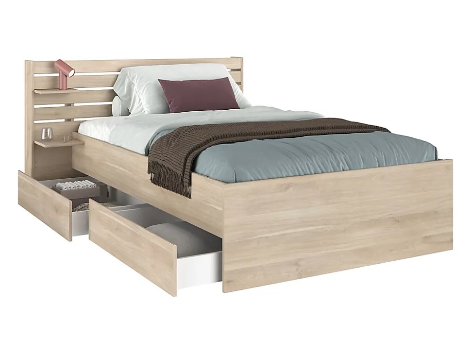 Lit 120 x 190 cm avec rangements - Coloris : Naturel + Sommier - TENALIA