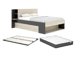 Lit 140 x 190 cm avec rangements - Coloris : Naturel et noir + Sommier + Matelas - KEROSIA