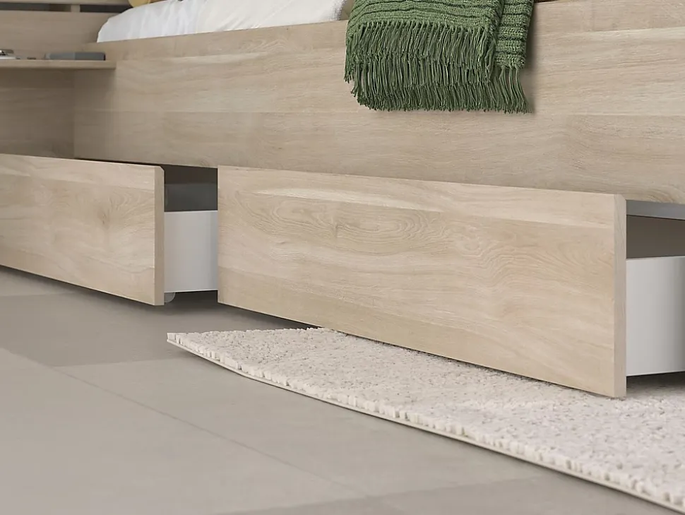 Lit 180 x 200 cm avec rangements - Coloris : Naturel + Sommier - TENALIA