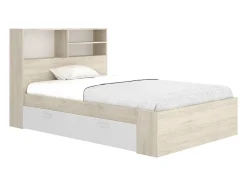 Lit 120 x 190 cm avec rangements - Coloris : Naturel et blanc + Sommier - VARDIEL