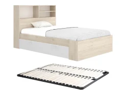 Lit 120 x 190 cm avec rangements - Coloris : Naturel et blanc + Sommier - VARDIEL