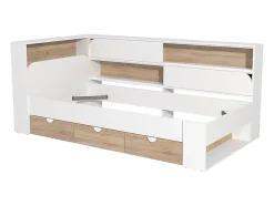 Lit 90 x 190 cm avec rangements - Coloris : Blanc et naturel + Sommier + Matelas - TAMADU