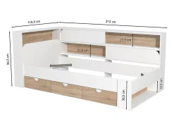 Lit 90 x 190 cm avec rangements - Coloris : Blanc et naturel + Sommier + Matelas - TAMADU