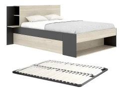 Lit 140 x 190 cm avec rangements - Coloris : Naturel et noir + Sommier - KEROSIA