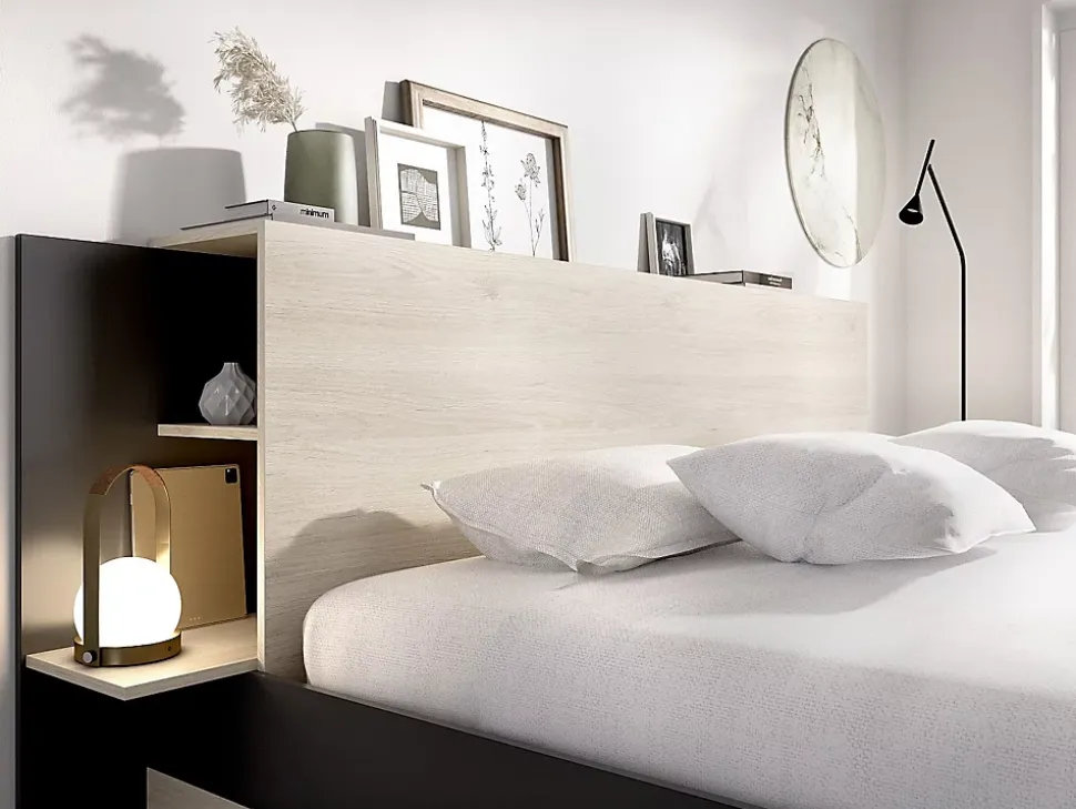Lit 140 x 190 cm avec rangements - Coloris : Naturel et noir - KEROSIA