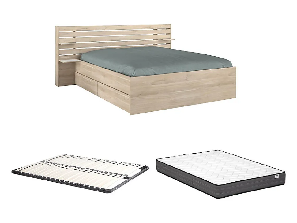 Lit 160 x 200 cm avec rangements - Coloris : Naturel + Sommier + Matelas - TENALIA II