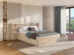 Lit 160 x 200 cm avec rangements - Coloris : Naturel + Sommier + Matelas - TENALIA II