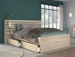 Lit 160 x 200 cm avec rangements - Coloris : Naturel + Sommier + Matelas - TENALIA II