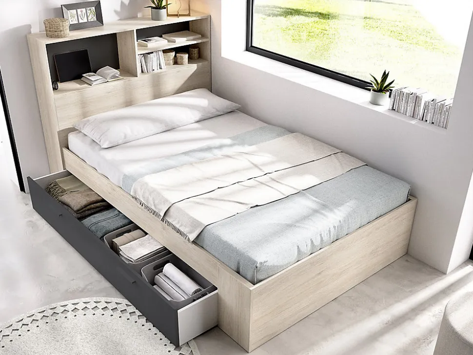 Lit 120 x 190 cm avec rangements - Coloris : Naturel et anthracite - VARDIEL