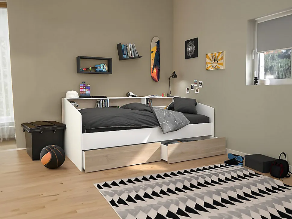 Lit 90 x 190/200 cm avec rangements - Blanc et naturel + Sommier - PAULETTE