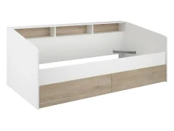 Lit 90 x 190/200 cm avec rangements - Blanc et naturel + Sommier - PAULETTE