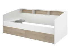 Lit 90 x 190/200 cm avec rangements - Blanc et naturel + Sommier - PAULETTE