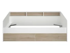 Lit 90 x 190/200 cm avec rangements - Blanc et naturel + Sommier - PAULETTE