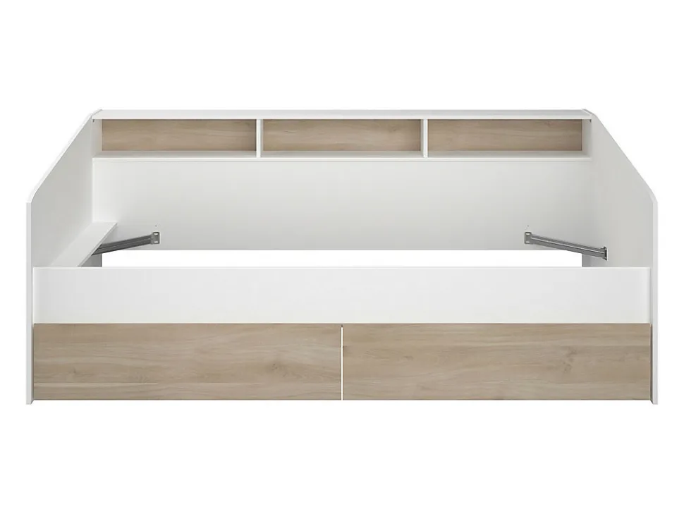 Lit 90 x 190/200 cm avec rangements - Blanc et naturel + Sommier - PAULETTE