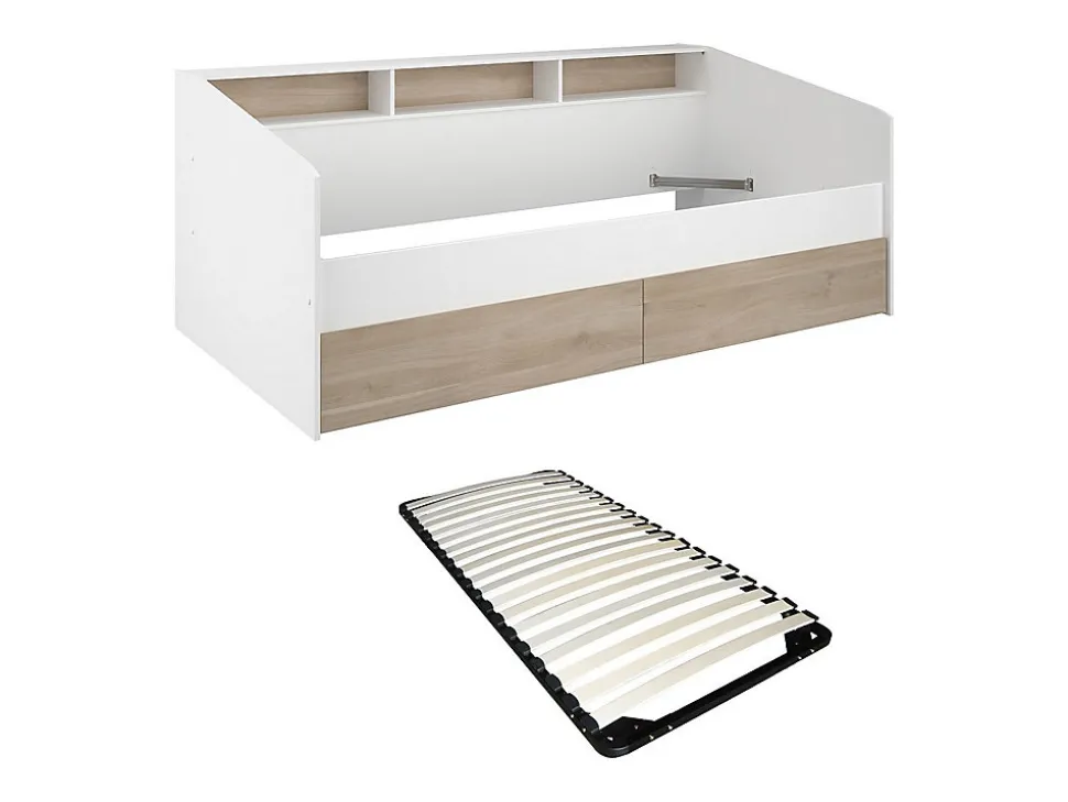 Lit 90 x 190/200 cm avec rangements - Blanc et naturel + Sommier - PAULETTE
