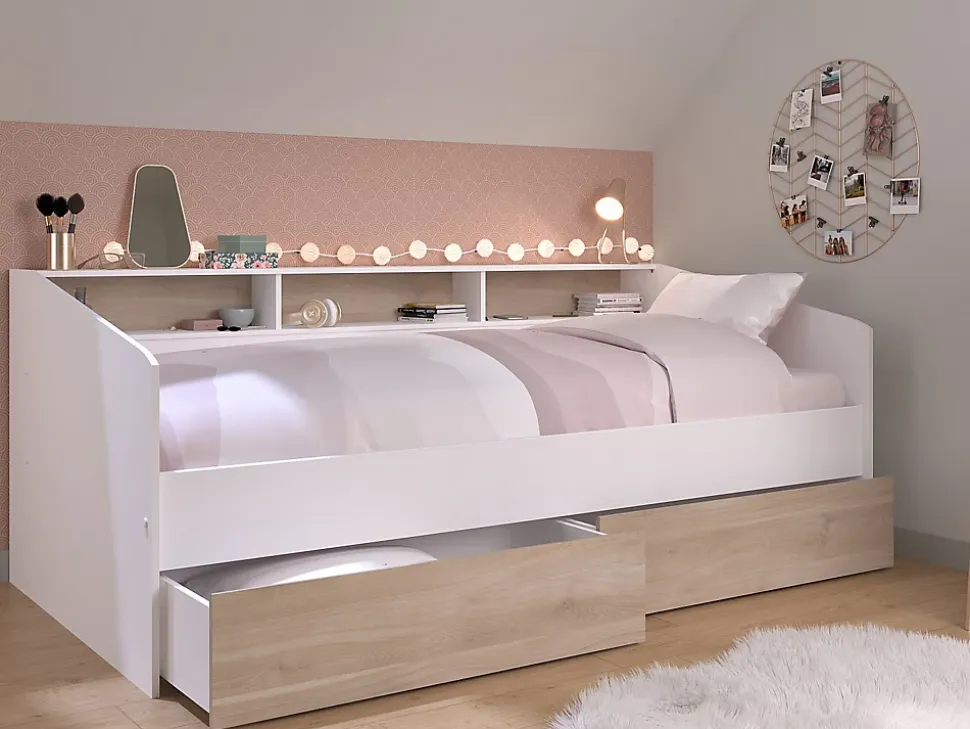 Lit 90 x 190/200 cm avec rangements - Blanc et naturel + Sommier + Matelas - PAULETTE