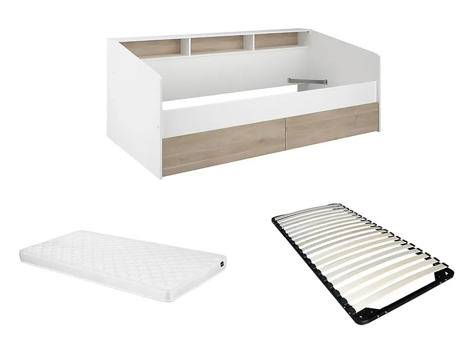 Lit 90 x 190/200 cm avec rangements - Blanc et naturel + Sommier + Matelas - PAULETTE