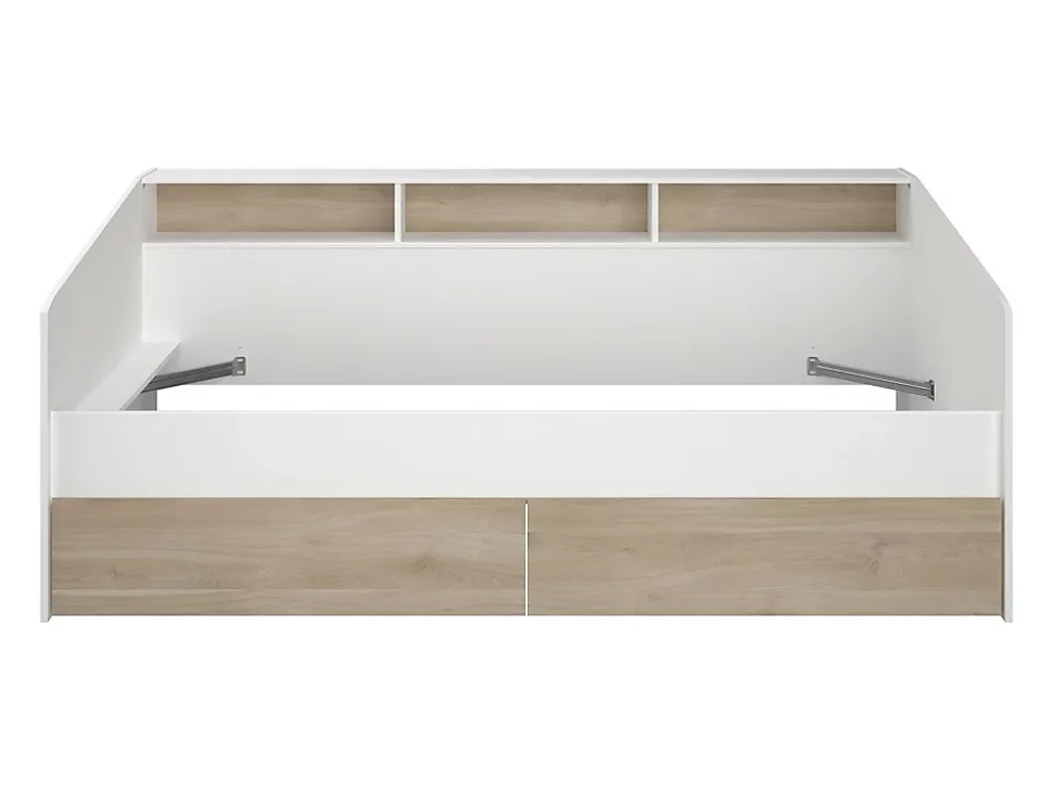 Lit 90 x 190/200 cm avec rangements - Blanc et naturel + Sommier + Matelas - PAULETTE