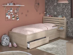 Lit 90 x 190/200 cm avec rangements - Coloris : Naturel - TENALIA