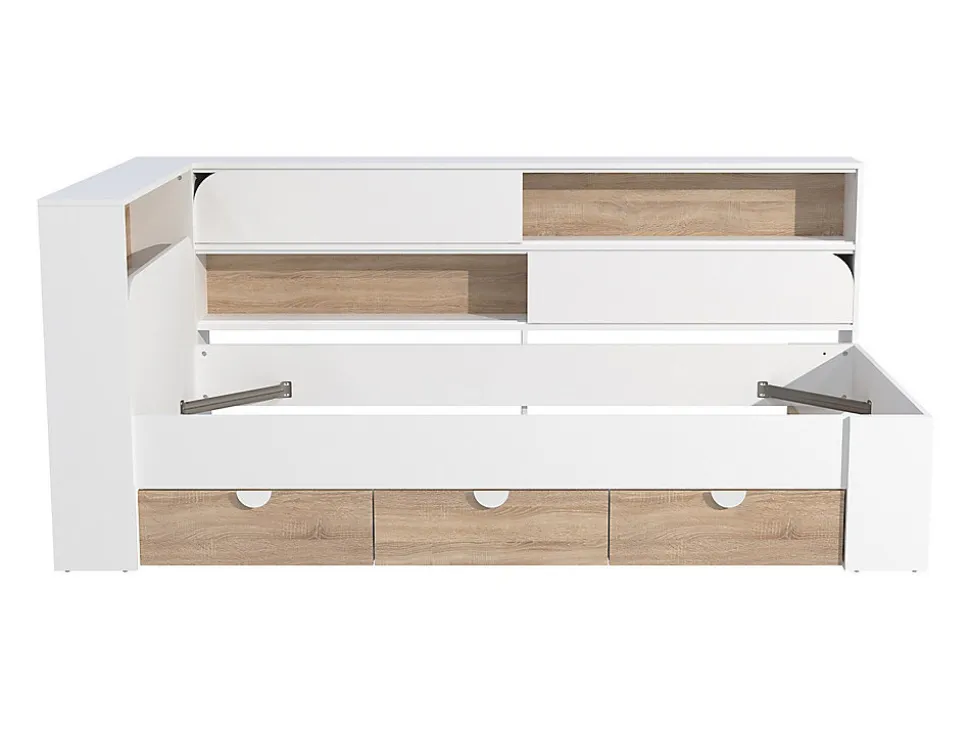 Lit 90 x 190 cm avec rangements - Coloris : Blanc et naturel - TAMADU