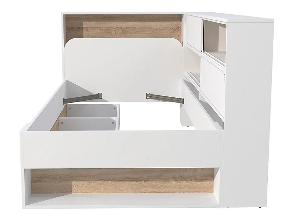 Lit 90 x 190 cm avec rangements - Coloris : Blanc et naturel - TAMADU