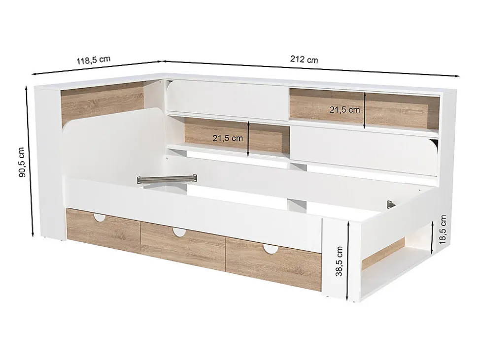 Lit 90 x 190 cm avec rangements - Coloris : Blanc et naturel - TAMADU