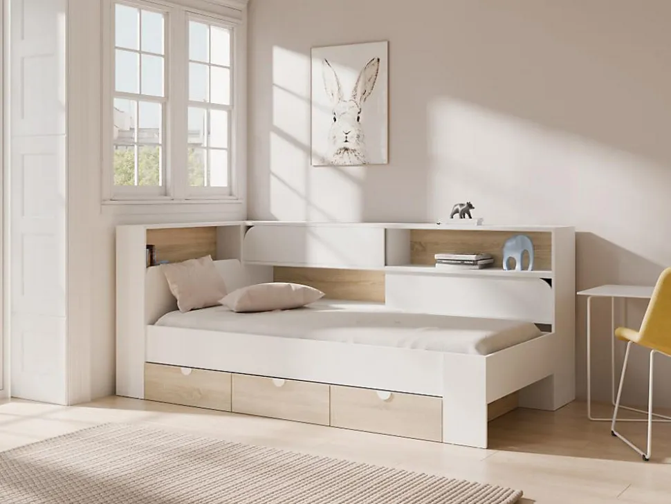 Lit 90 x 190 cm avec rangements - Coloris : Blanc et naturel - TAMADU
