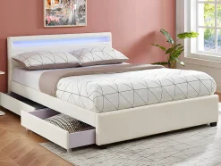 Lit 140 x 190 cm avec rangements - Simili blanc avec LEDs - ALOIS II