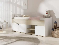 Lit 90 x 190 cm avec rangements - Coloris : Naturel et blanc - LOSTYA