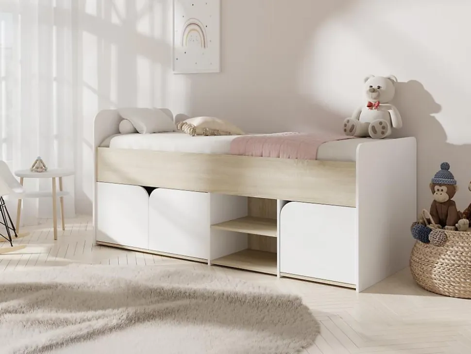 Lit 90 x 190 cm avec rangements - Coloris : Naturel et blanc - LOSTYA