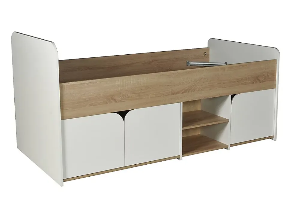 Lit 90 x 190 cm avec rangements - Coloris : Naturel et blanc - LOSTYA
