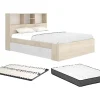 Lit 140 x 190 cm avec rangements - Coloris : Naturel et blanc + Sommier + Matelas - VARDIEL