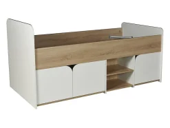 Lit 90 x 190 cm avec rangements - Coloris : Naturel et blanc + Sommier - LOSTYA