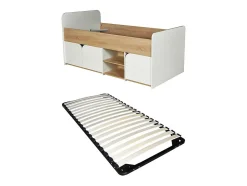 Lit 90 x 190 cm avec rangements - Coloris : Naturel et blanc + Sommier - LOSTYA