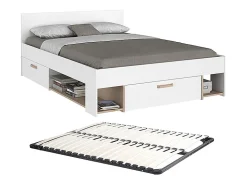 Lit 140 x 190/200 cm avec rangements - Blanc et naturel + Sommier - KINSELIA