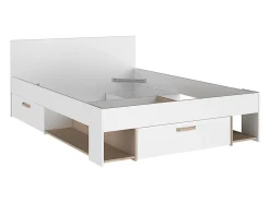 Lit 140 x 190/200 cm avec rangements - Blanc et naturel + Sommier - KINSELIA