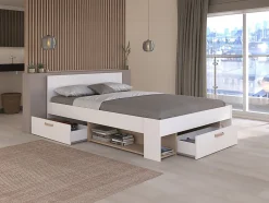 Lit 140 x 190/200 cm avec rangements - Blanc et naturel + Sommier - KINSELIA