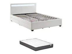 Lit 140 x 190 cm avec rangements - Simili blanc avec LEDs + Matelas - ALOIS II