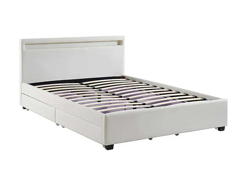 Lit 140 x 190 cm avec rangements - Simili blanc avec LEDs + Matelas - ALOIS II