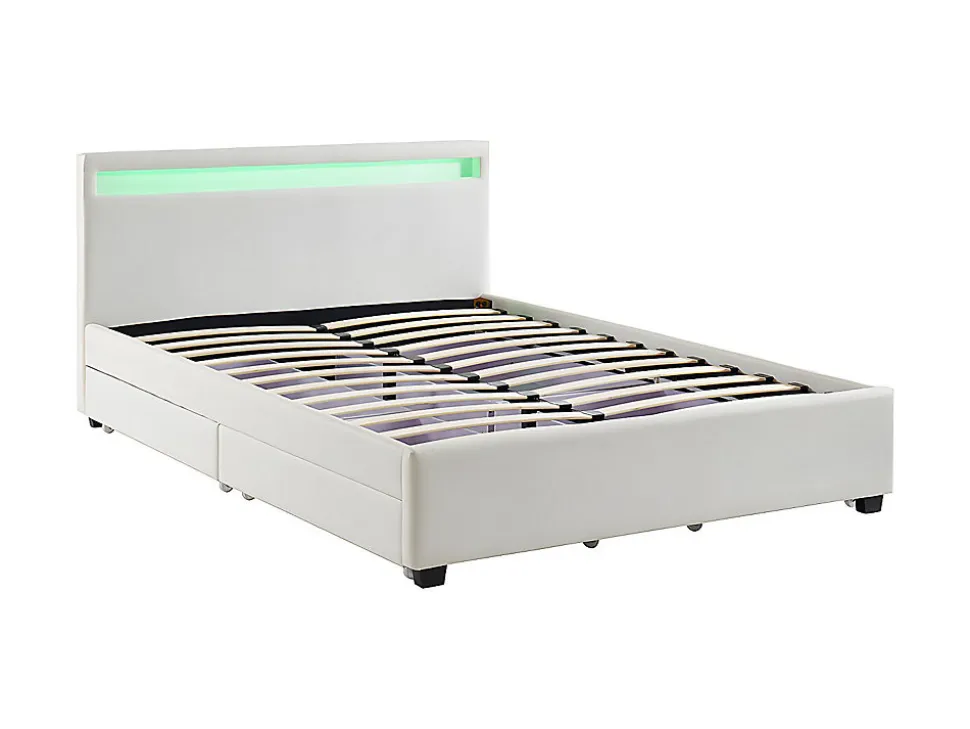 Lit 140 x 190 cm avec rangements - Simili blanc avec LEDs + Matelas - ALOIS II
